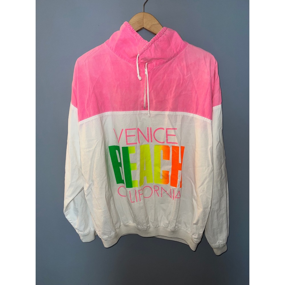 Vintage Venice Beach California Windbreaker Pink White Neon 90s Pullover XL